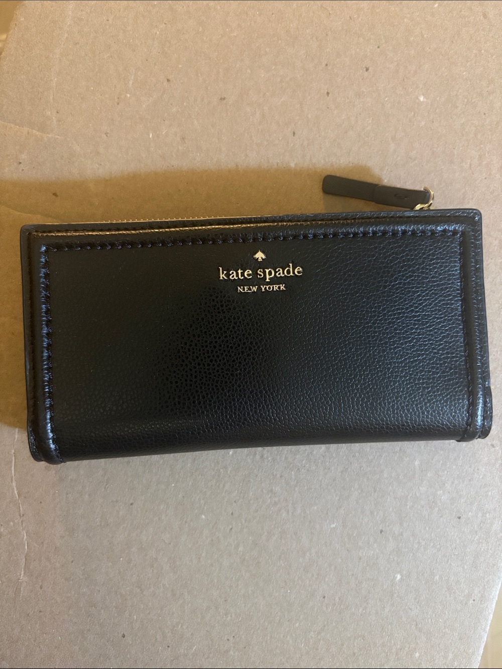 kate spade Black Leather Zip Card Holder with Gold Logo